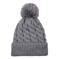 Detailed knit texture of grey acrylic winter hat featuring a fluffy faux fur pompom top - Gray