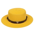 Yellow straw boater hat featuring a brown leather band and silver bull head emblem - Cow Skull Studded Belt Style (298F)