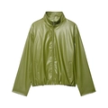 Olive green PU leather jacket with stand collar and zipper on white background - S / Green Top