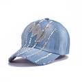 Light blue denim baseball cap with sparkling silver rhinestones and distressed edges - 5-Tassel Rhinestone-Light Blue
