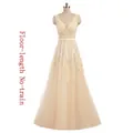 Elegant champagne V-neck evening gown with white floral lace and floor-length tulle skirt - L / Champagne Floor Length