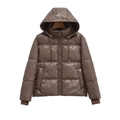 Women's brown faux leather hooded jacket with drawstring and ribbed cuffs in casual style - XS / Brown