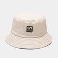 Detail of vintage denim supplies patch on beige canvas bucket hat with stitched brim - M(56-58cm) / Beige