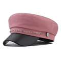 Detail of pink canvas baker boy hat with black faux leather brim and silver metal chain - M (56-58cm) / Pink