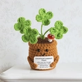 Handmade crochet four-leaf clover potted plant with emotional support message card - 4-Head Clover