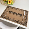 Brown woven placemat with Delicious Food text and classic black frame print - Retro Style 4 Black