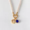 Collier de perles élégant avec initiale G plaquée or 14K et pendentif cristal bleu - Lettre G