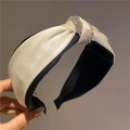 Chic cream white satin headband featuring a knotted design and sparkling diamond trim - S2 Beige Satin Full Rhinestone Ring Knot Style