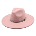 Detail of pink fedora hat with rhinestone band and gold M logo on wide brim - M (56-58cm) / Dusky Pink