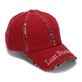 Close-up of red distressed baseball cap featuring leopard print trim and white embroidery - One Size / Dark Red