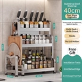 Three-tier 40cm stainless steel kitchen spice rack with knife holder and hooks - Triple Layer 40cm + Knife Rack + Cutting Board Rack + Hooks