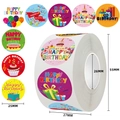 Dettaglio di rotolo di adesivi tondi Happy Birthday 25mm per regali e decorazioni - C66; 500 Etichette/Rotolo