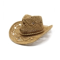 Handcrafted hollow straw cowboy hat with decorative woven band for sun protection - M (56-58cm) / Khaki