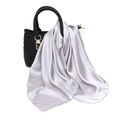 Silver satin square scarf tied on a black handbag showing elegant drape and silk texture - One Size / Faux Silk Satin / Silver Gray
