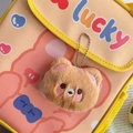 Sac bandoulière en toile jaune avec broderie lucky, lapin rose et pendentif ours en peluche brun - Ours