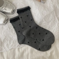 Dark grey cotton mid-calf socks with black heart pattern and elegant lace trim - One Size / Dark Grey Heart Lace