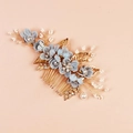 Peigne à cheveux de mariée avec fleurs en tissu bleu, feuilles dorées et perles - Grand peigne à cheveux / Bleu