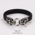 Vista detallada de pulsera de cuero trenzado negro con cierre de cabeza de dragón - Estilo 1 Leopardo / Negro + Plata Antigua
