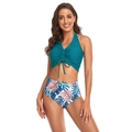 Peacock blue halter bikini set with high waisted tropical palm leaf printed bottoms - S / Teal Blue