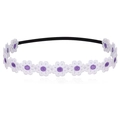 Soft baby headband featuring white embroidered daisy flowers on a black elastic band - Purple