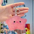 Pink plush star keychain for backpacks with cute embroidered face and metal clasp - Pink Star with Silver Clasp