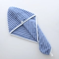 Blue coral fleece hair drying towel with vertical stripes and white button closure - Hair Drying Cap (25x65cm) / Blue