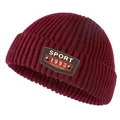 Burgundy knitted beanie with thick ribbed texture and vintage leather sport patch - L (58-60cm) / Wine Red