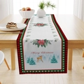 Linen Christmas table runner with reindeer, trees and red plaid borders on wood table - Red Plaid Merry Christmas Reindeer (ZQ26-10)