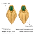 Detailed view of green agate leaf earrings in stainless steel with exact measurements - Gold Style (YYE025154)