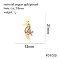 Detailed view of a gold-plated seahorse pendant with colorful zircons and dimensions - P01005-Seahorse/Bird