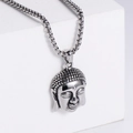 Detail of vintage stainless steel Buddha head pendant with textured finish on box chain - Pendant Only (No Chain Included) / Silver