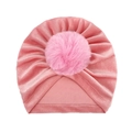 Pink velvet baby turban hat with soft faux fur pom pom decoration on white background - One Size / Dusty Pink + Pink