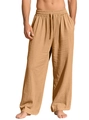Men's loose linen straight-leg drawstring casual trousers in khaki color for outdoor style - Earthy Yellow