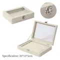 Beigefarbene Schmuckschatulle aus Samt mit Sichtfenster und Spiegel für Ringe - Langes Gitter / Beige