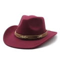Detail of burgundy wool western hat with brown leather band and white cross stitching - M (56-58cm) / Burgundy