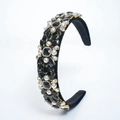 Detail of baroque black velvet headband with hand-set pearls and marquise gemstones - Black