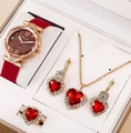 5pcs jewelry gift set featuring a red quartz watch and gold heart pendant accessories - Red 2 (orange Box)