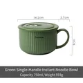 Green ceramic ramen bowl with lid and single handle featuring vertical stripes - Green Single Handle Bowl