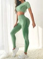 Conjunto de yoga sin costuras de 2 piezas con top corto y leggings en verde claro jaspeado - Rosa Verde / S