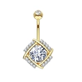 Golden stainless steel belly button ring with large round zircon in square frame - Gold White Zirconia