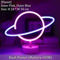 Pink and blue planet-shaped neon table lamp with round base and dual power options - Planet Pink & Blue Light