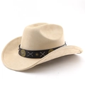 Detailed side view of beige suede cowboy hat with vintage leather band and metal studs - M (56-58cm) / Light Camel