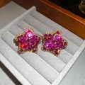 Macro shot of luxury gold star earrings with sparkling pink rhinestones in a velvet box - 59# Silver Earring Post - Gold - Purple - Texture
