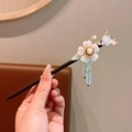 Classic sandalwood hair stick with white flowers, gold antlers and blue pendants - 25# Ink Plum Trace