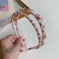 Baroque style double-layer headband with pink crystals, pearls and gold weaving - Double Layer Full Diamond Style / Pink