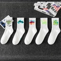 Five pairs of white cotton mid-calf socks featuring colorful graffiti style fashion prints - One Size / White Printed Series (01-03-12-18-09)