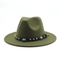 Detail of army green wool fedora hat featuring black leather band with turquoise stones - M (56-58cm) / Army Green