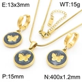 Parure de bijoux dorés en acier inoxydable avec pendentif papillon noir et créoles - Style Papillon en Émail Noir (KS220223-HM)