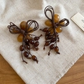 Detail of handmade resin bow earrings with dark brown beads tassels in retro style - Silver Earring Post - Coffee