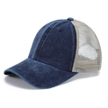 Navy blue and beige mesh trucker hat made of washed denim fabric in vintage style - Adult 56-60cm / Navy-Khaki Mesh